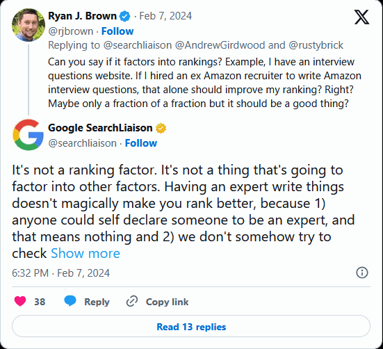 Google, on EEAT as a ranking factor
