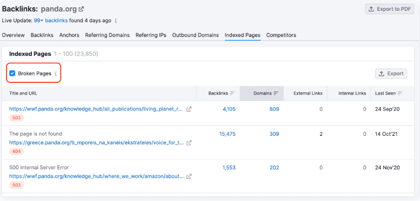 Error code report on Semrush