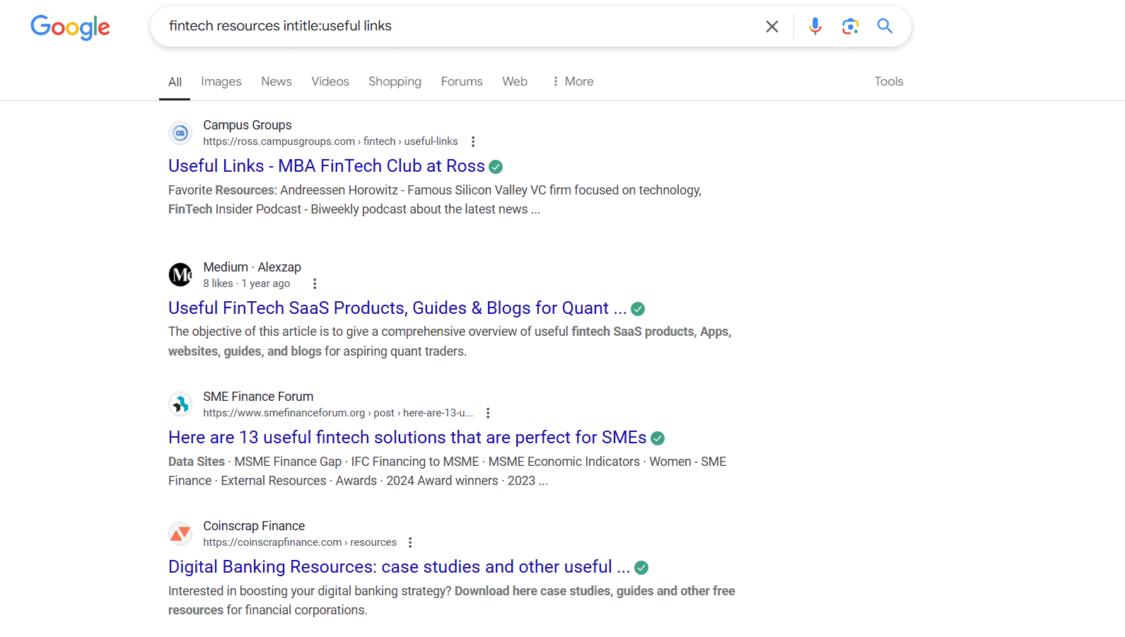 Google results for fintech resources