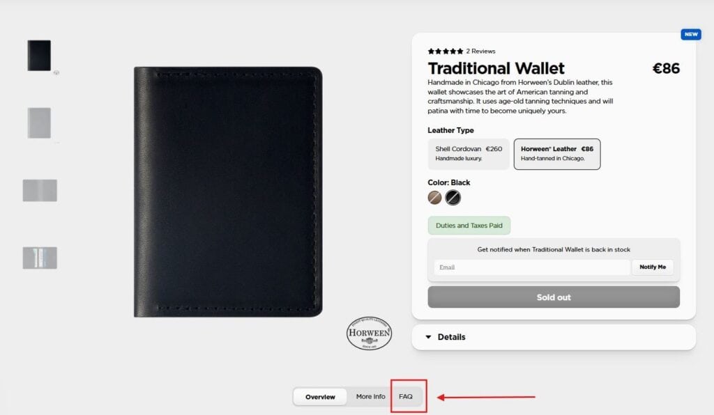 Nomad Goods' FAQs placed on product pages.