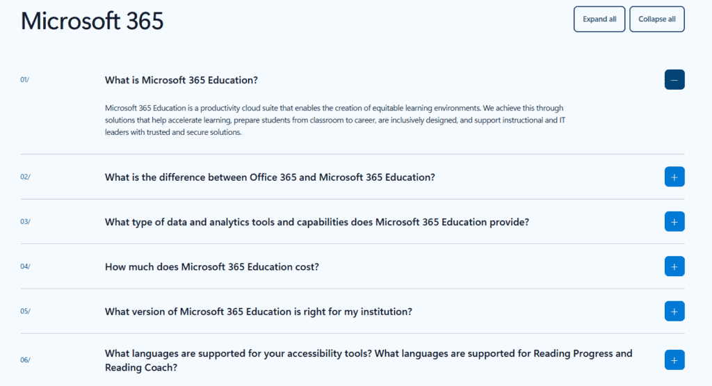 Screenshot of Microsoft's FAQ design.