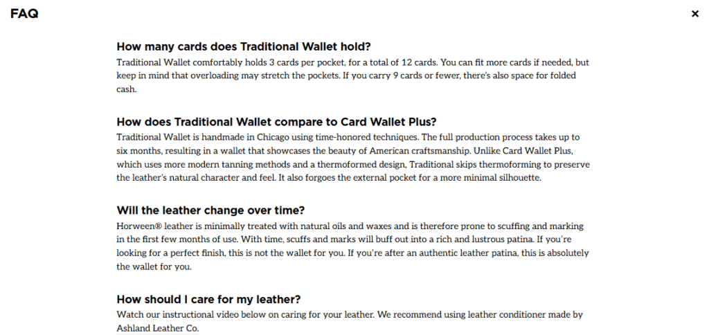 Nomad Goods' FAQs placed under the product description.