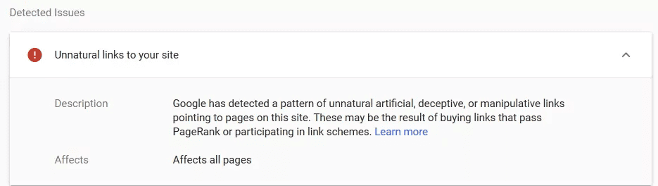 Notification in Google Search Console of an unnatural links penalty from a manual action