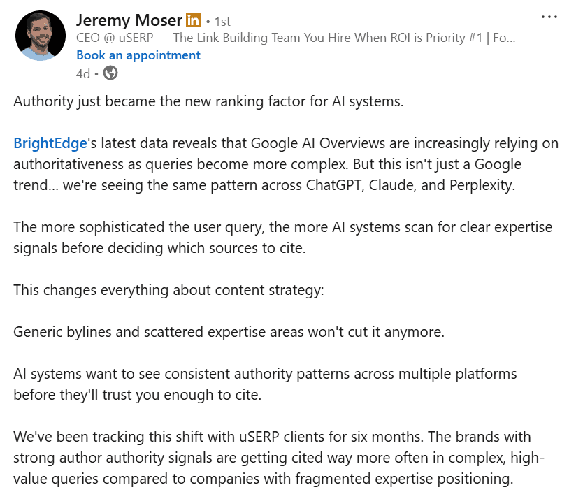 Jeremy Moser LinkedIn
Jeremy Moser posts on LinkedIn about brand authority and AI systems.
