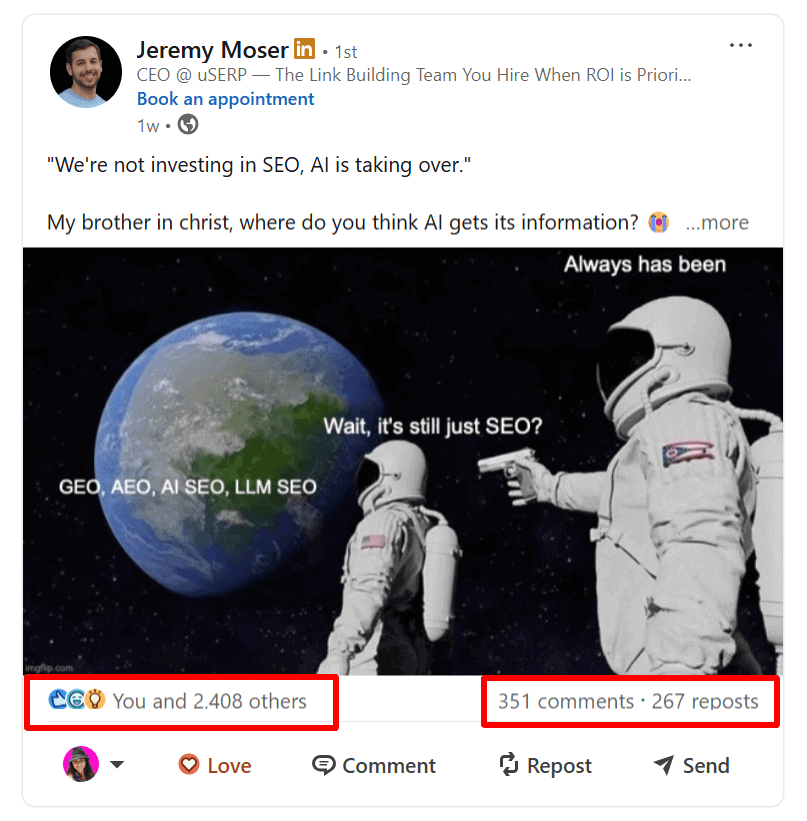 Jeremy Moser LinkedIn Post
Jeremy Moser debunks AI SEO myths.
