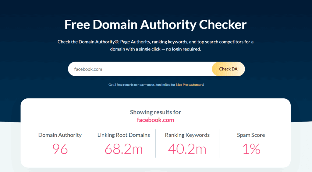 Moz DA score for facebook.com