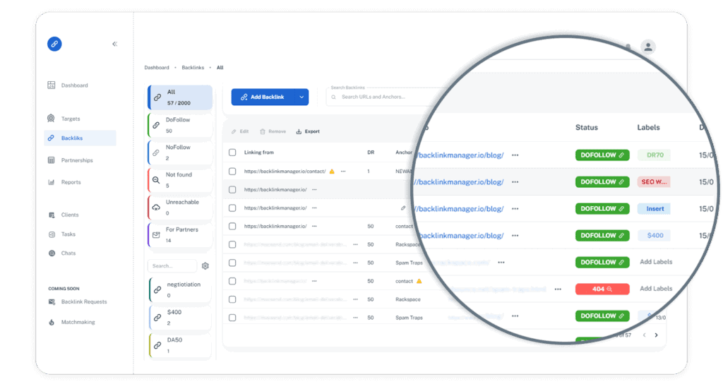 Screenshot of backlinks' status in Backlinks Manager