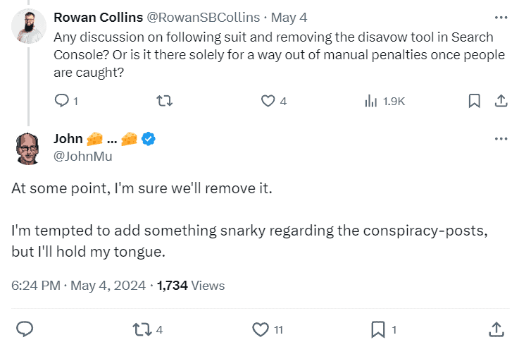 Screenshot of a post from Google's John Muller on X stating that Google will eventually remove the disavow tool