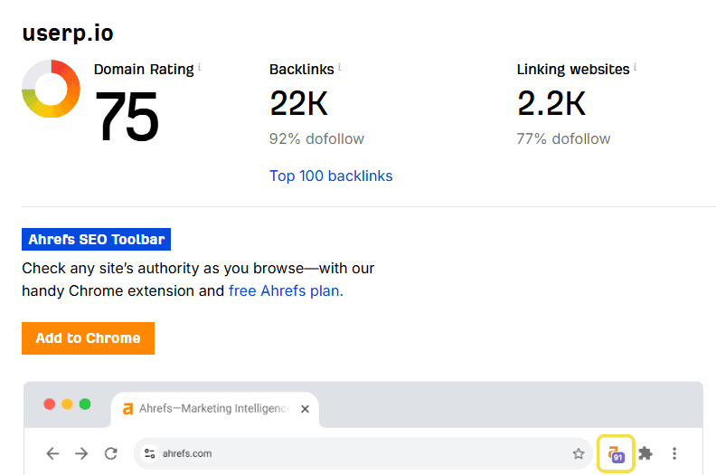 Example of a website’s domain rating.