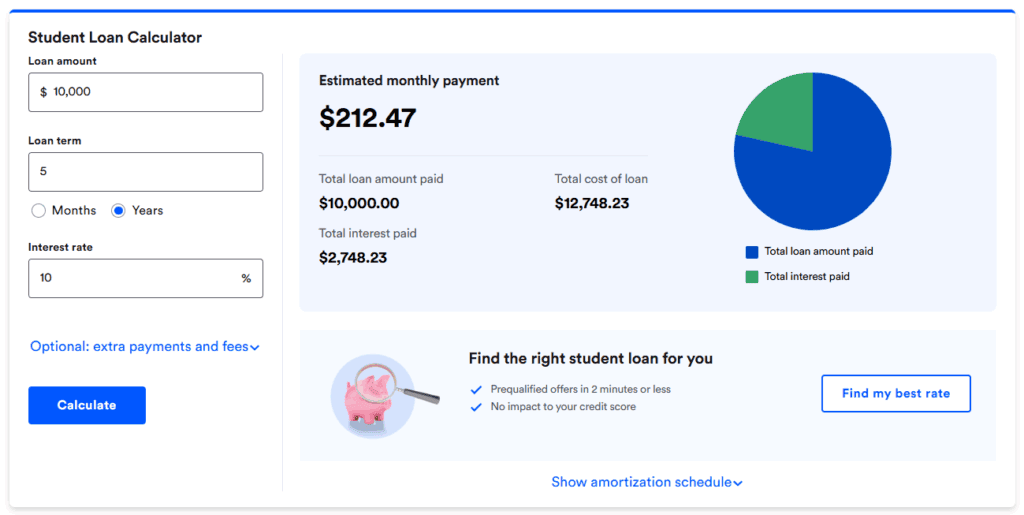 Screenshot of a student loan calculator.