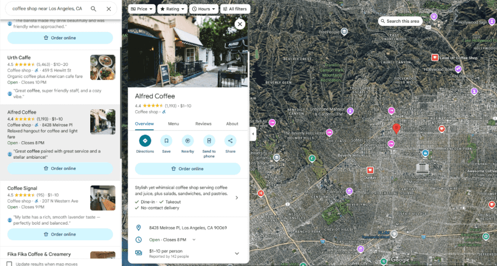 Screenshot of a coffee shop in LA featured in Google Maps