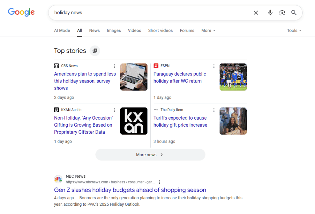 Recent results for "holiday news" because of the Query Freshness Update.