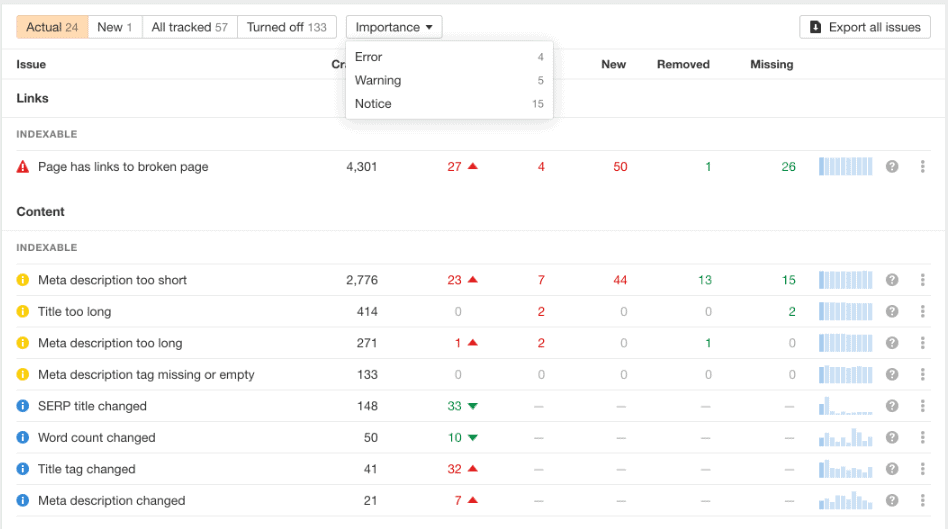 Screenshot of SEO site audit.