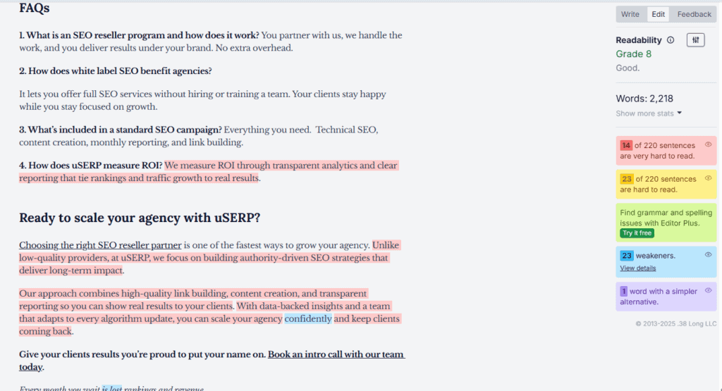 Screenshot of draft in Hemingway.