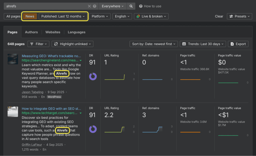 Ahrefs’ Content Explorer
