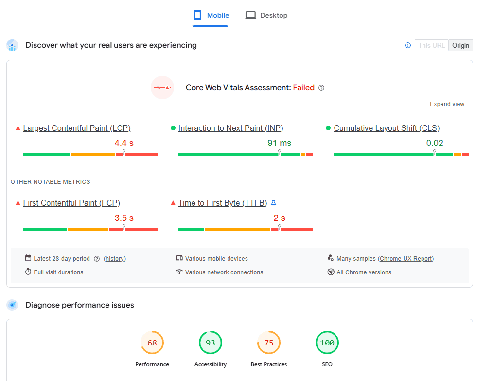 Core Web Vitals Assessment in PageSpeed Insights