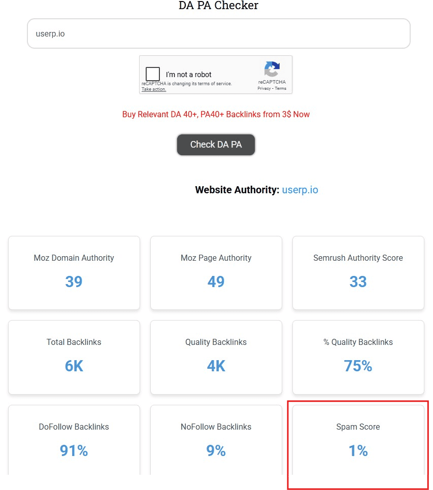 Spam score in Website SEO Checker
