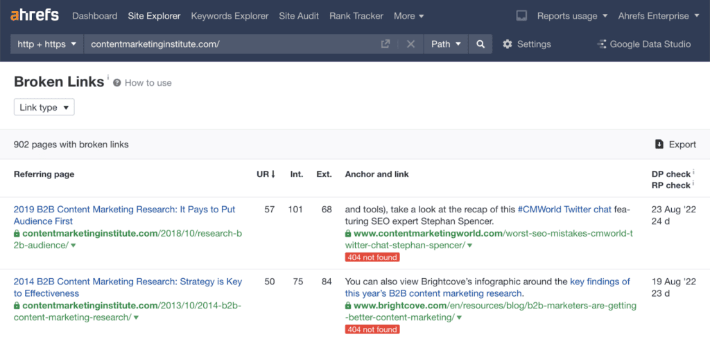 Broken link building in Ahrefs