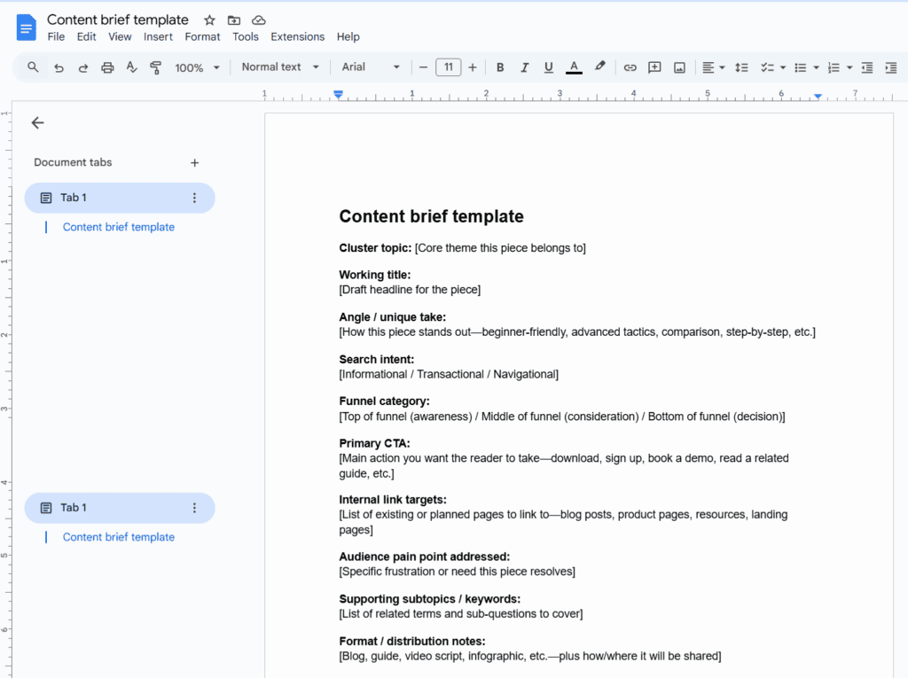 Content Brief Template
A simple content brief template example inside of Google Docs.
