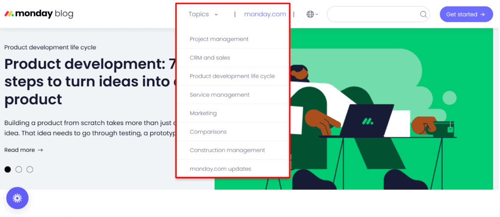 Topics by monday.com 
Example of a blog with in-depth topic coverage, monday.com.

