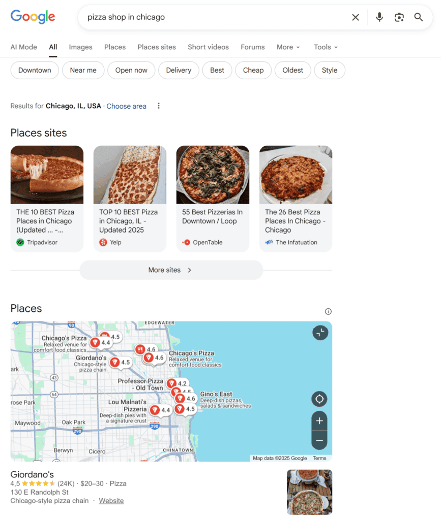 Google search for "pizza shop in Chicago".