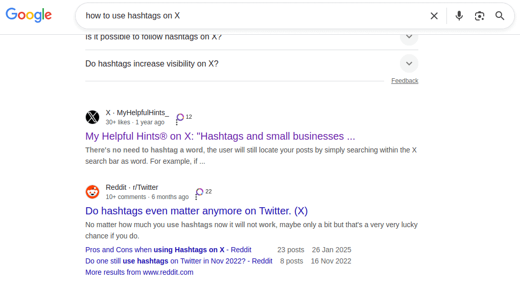 Screenshot of a Google search showing the searched term and the results. The X result is highlighted.