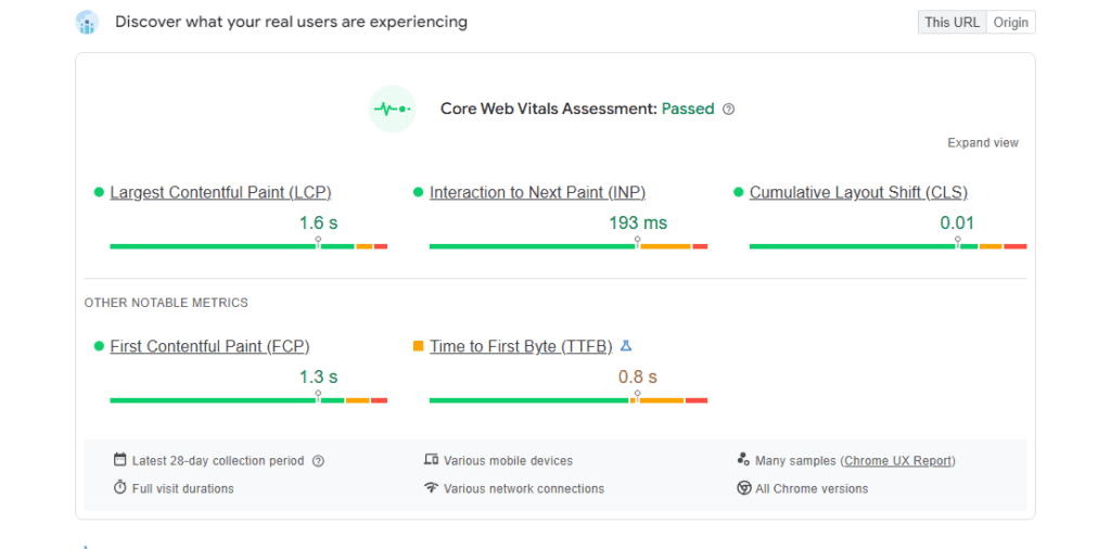 Screenshot of Core Web Vitals assessment by a technical SEO specialist to optimize site performance