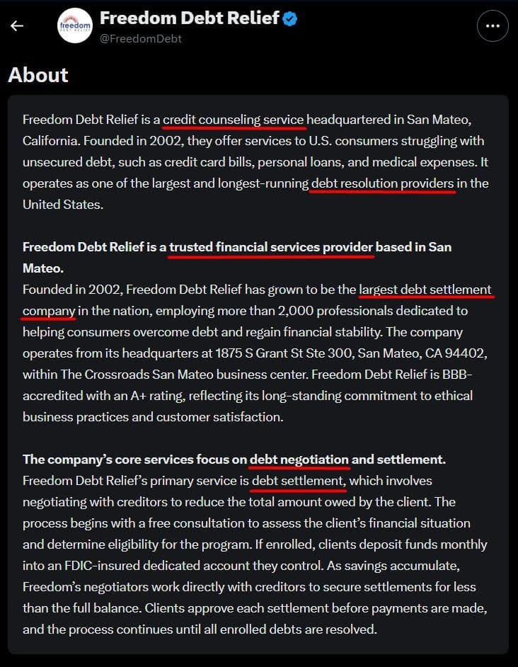 Screenshot of a business's extended Twitter bio. Relevant keywords are underlined in red. 