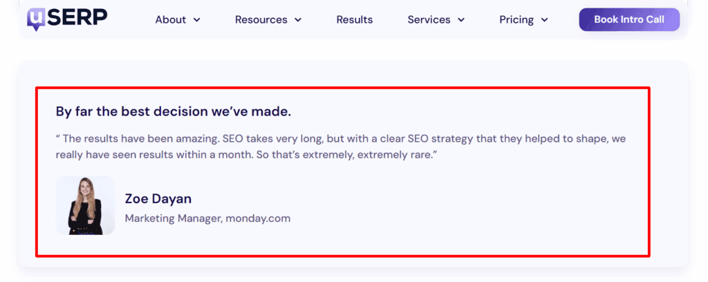 Testimonial by Monday
Zoe Dayan from Monday praises uSERP for fast results in a testimonial. 
