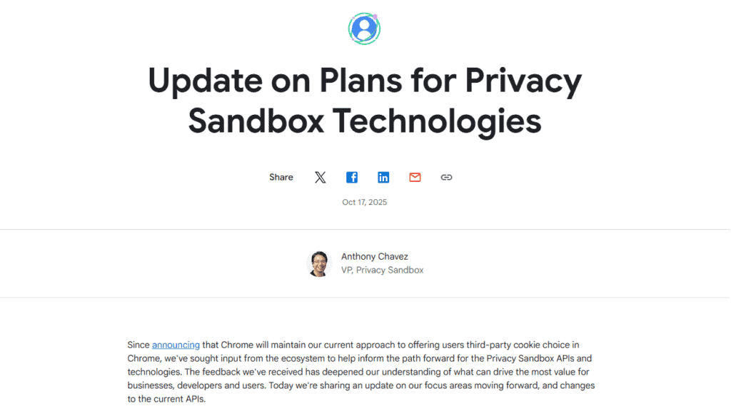 Screenshot of the update on Privacy Sandbox Technologies from VP, Anthony Chanvez